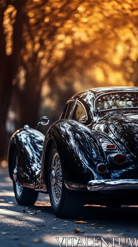 Golden-hour glow wraps a vintage black coupe in quiet charm