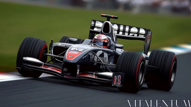 Modern Formula one car at speed on circuit apexing right corner