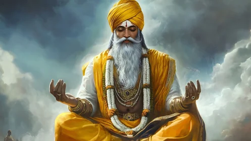 Golden-robed sage in stormlit meditation above swirling clouds.