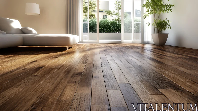 Sunlit wooden floor in a calm, open living room retreat.