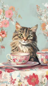 Tabby Cat at Floral Tea Setting Against Blue Background.