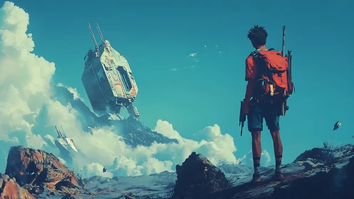 Young explorer quietly studies a drifting skywrecked ship