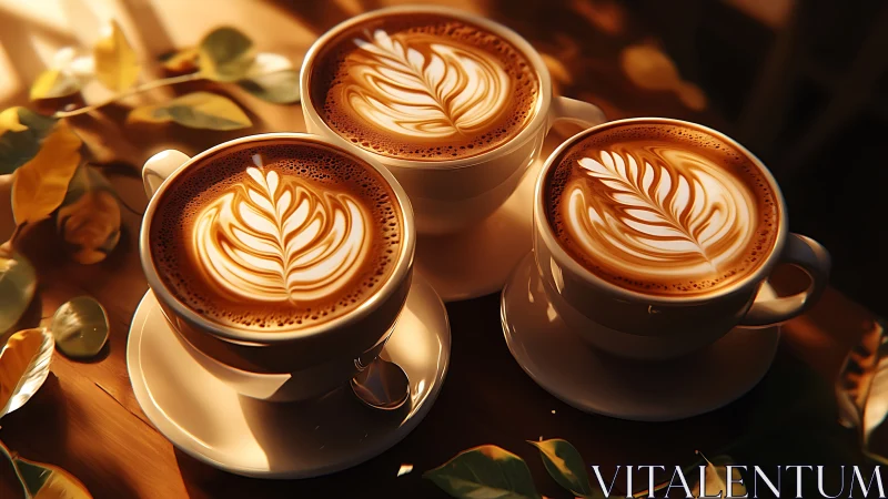 Triple latte art cups in warm autumn caf&eacute; glow.