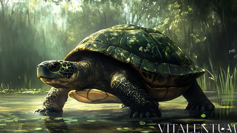 Large freshwater turtle in shaded wetland environment.