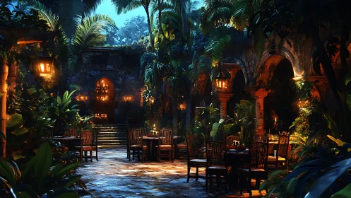 Enchanting courtyard restaurant glows with warm lantern light.