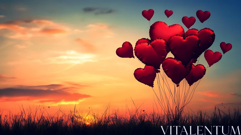 Red heart balloons floating against luminous sunset gradient sky