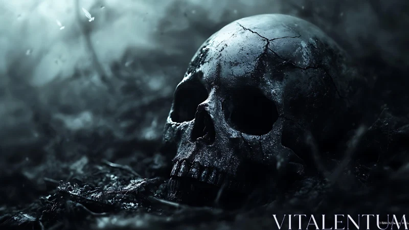 Weathered skull in damp soil under moody cinematic lighting