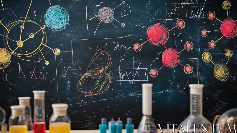 Laboratory glassware before chalkboard of molecular diagrams.