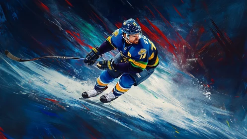 Hockey player in blue uniform cutting across painted ice.