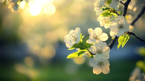 Spring blossoms drift in a mellow river of evening light.