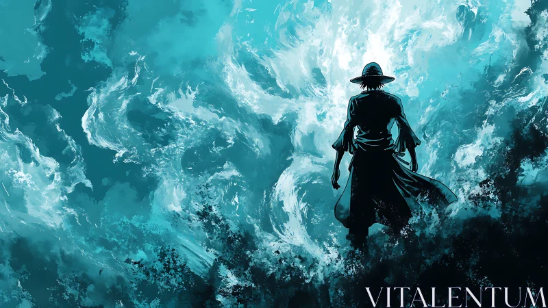 Silhouetted wanderer stands before swirling teal storm.