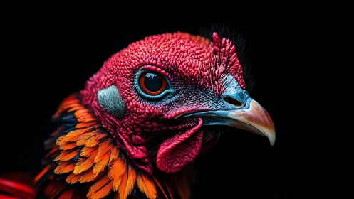 Vivid Portrait of Exotic Rooster in Dramatic Lighting Style.
