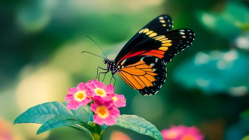 Garden jewel butterfly sipping neon blooms in soft sunlit hush.