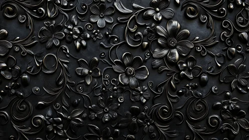 Ornate Floral Relief Pattern Dark Metallic Surface.