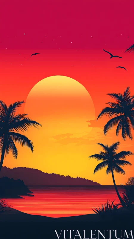 Bold tropical sunset over calm ocean with silhouetted palms.