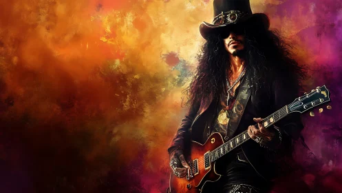 Electric guitarist in hat against abstract warm backdrop.
