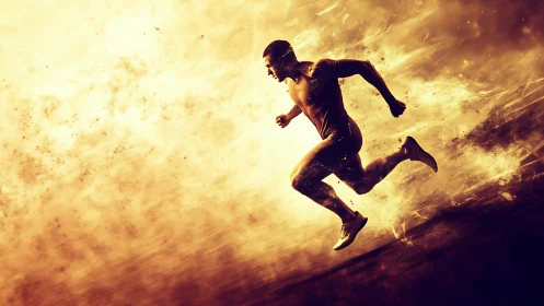 Runner in golden motion racing through glowing light.