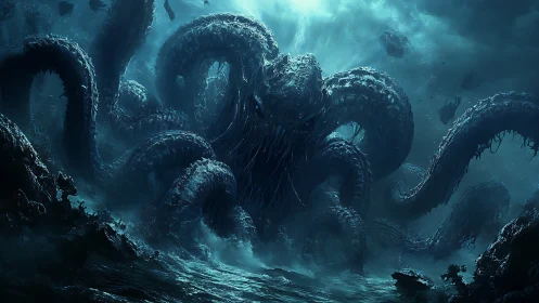 Colossal sea kraken rises in storm-lashed midnight ocean.