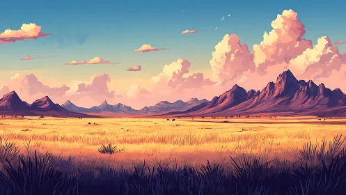 Sunlit grassland stretches toward violet desert peaks.