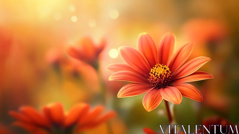 Coral-Red Gerbera Daisy with Golden Stamen Detail in Soft-Focus Garden Setting