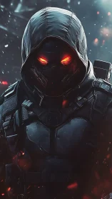 Cyberpunk hooded operative in tactical exosuit portrait.