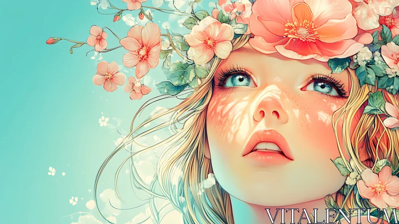 Blonde girl gazes upward beneath lush coral flower crown