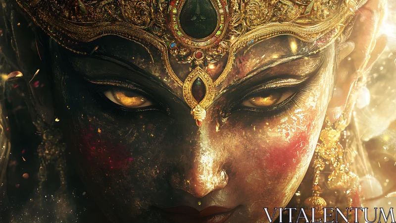 Gilded goddess gaze blazing through molten divine twilight.