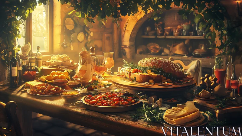 Harvest feast in golden cottage light, a rustic banquet dream.