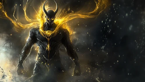 Horned cosmic warlord wreathed in molten golden energy.