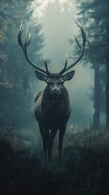 Stag with wide antlers standing alone in a misty forest.
