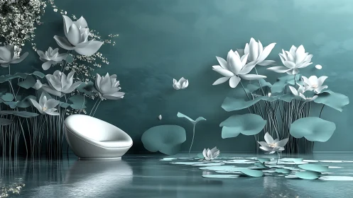 Parametric lotus lounge in reflective aqua interior environment.