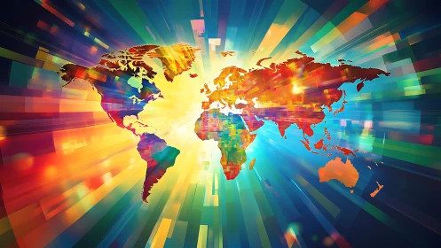 Colorful digital world map explodes with radiant light.