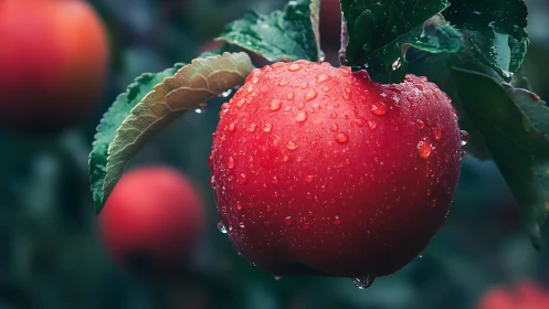 Ripe red apple hangs after rainfall in a lush orchard