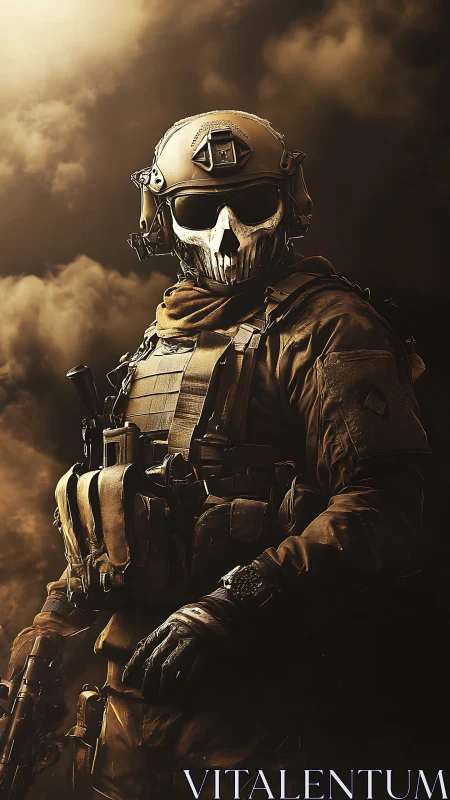 Tactical operator in skull mask under cinematic backlight.