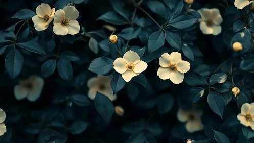 Cream blossoms emerge from deep teal foliage in soft focus