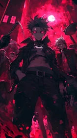Red-lit anime antihero leads armed gang under glowing moon
