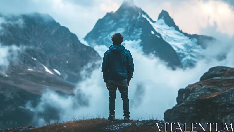 Solitary dreamer greeting stormlit alpine giants at dawn.