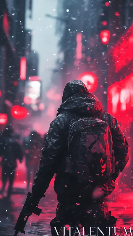 Armed hooded figure in neon snowlit cyberpunk alleyway.