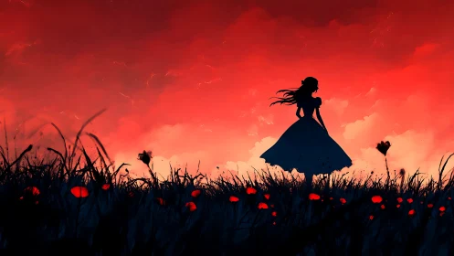 Silhouetted girl stands in glowing red sunset field