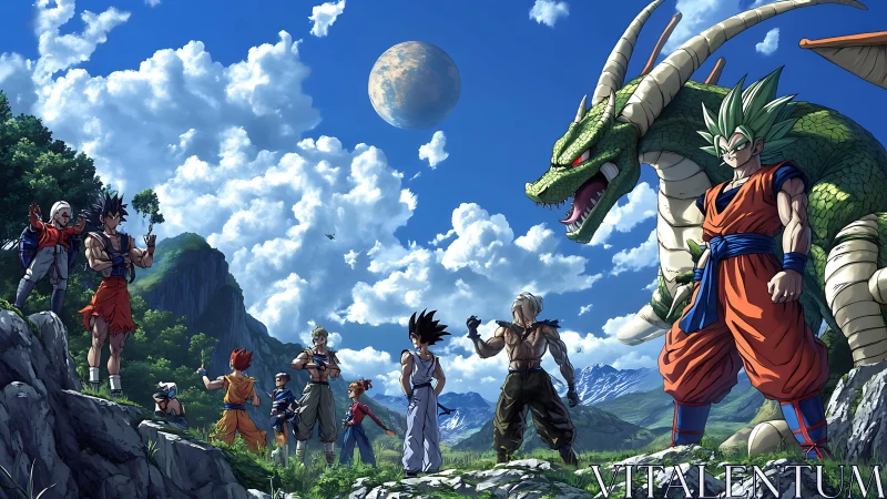 Anime mountain gathering with warriors and celestial dragon