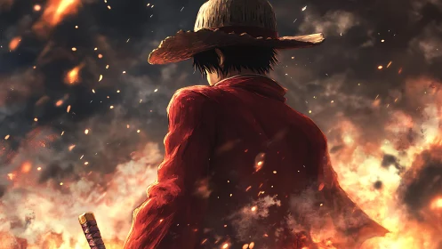 Back view of straw-hatted figure amid rising flames and smoke.