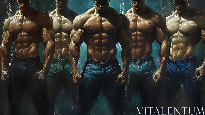 Row of muscular male figures stands in moody misted light