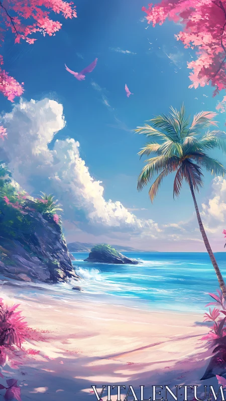 Tropical Paradise Beach with Pink Flowering Trees and Turquoise Waters.