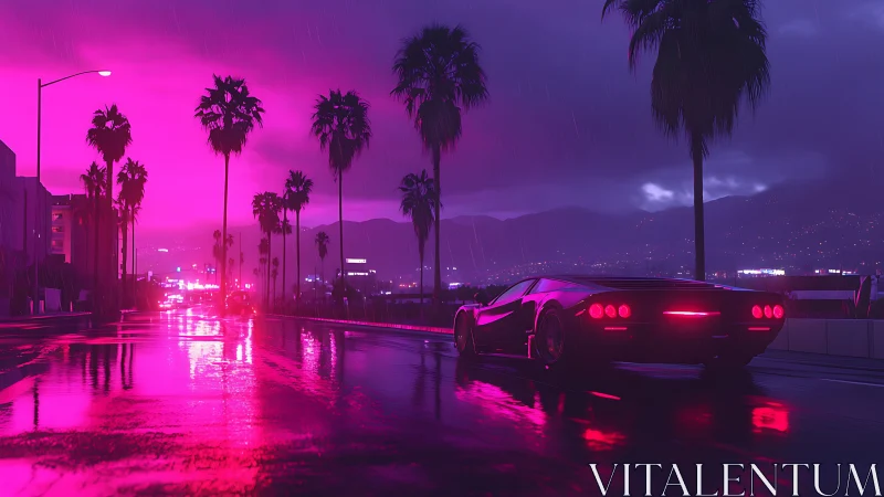 Neon illuminated sports car on wet palm lined city road.