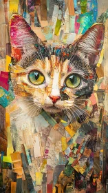 Mixed Media Feline Portrait: Layered Collage Composition.