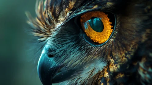 Close-up macro of owl's intense amber eye in naturalistic style.
