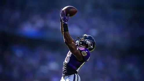 Wide receiver stretches high to secure a soaring football