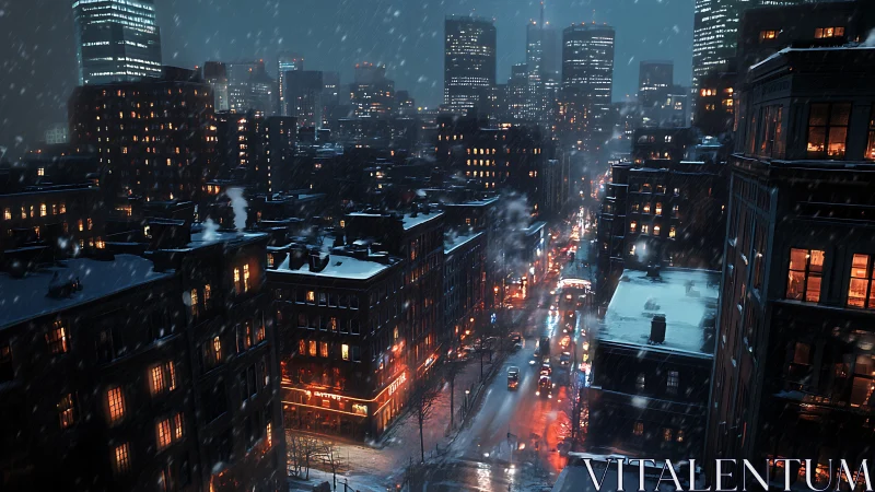 Snowfall over dense city district with illuminated traffic.