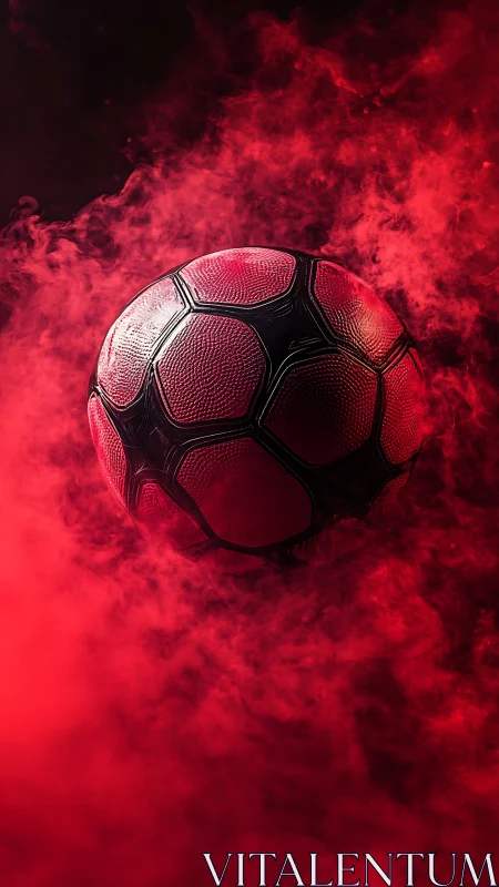 High-contrast red soccer ball isolated in dense directional smoke