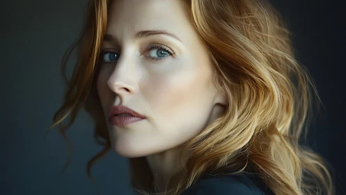 Soft-lit side portrait of pensive woman with auburn waves.